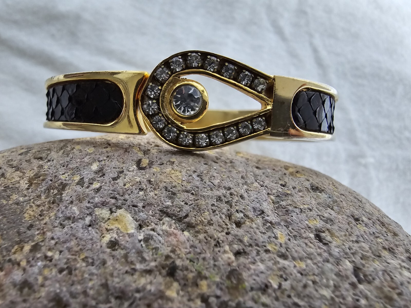 Goldtone Rhinestone Black Faux Leather Hinged Bracelet Oval Shaped 2.5″ x 2″