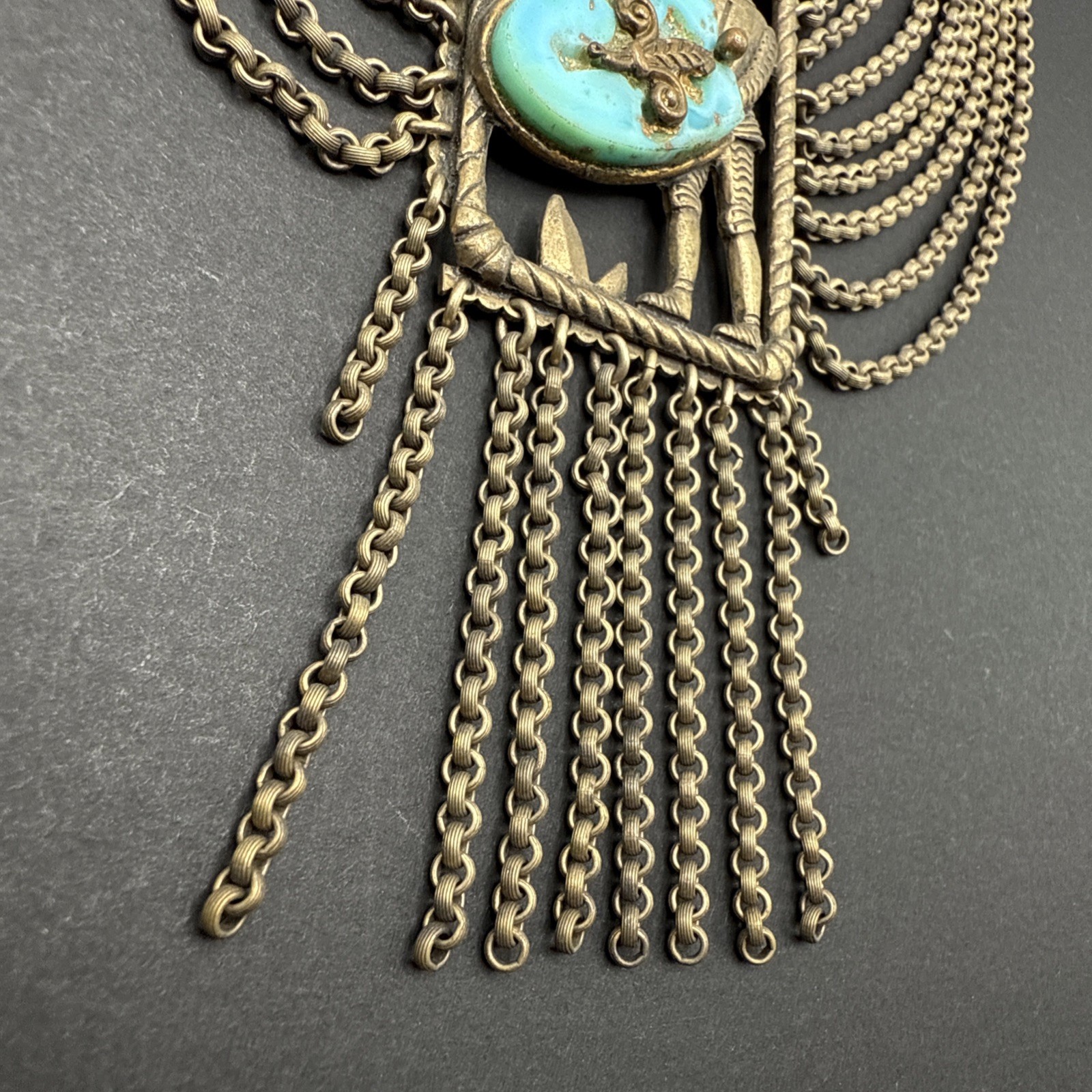 Vintage Knight Sword Shield Festoon Chain Gold Tone Necklace Triangle 15.5” J46