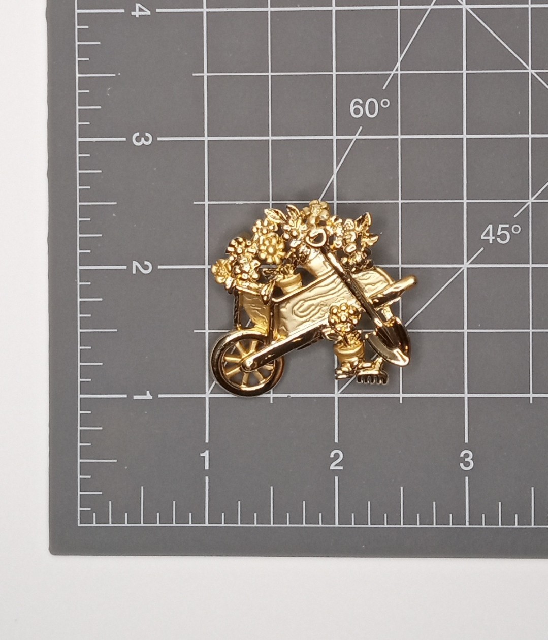 Wheelbarrow of flowers Brooch, gold tone, garden, spring Flower Cart AJC