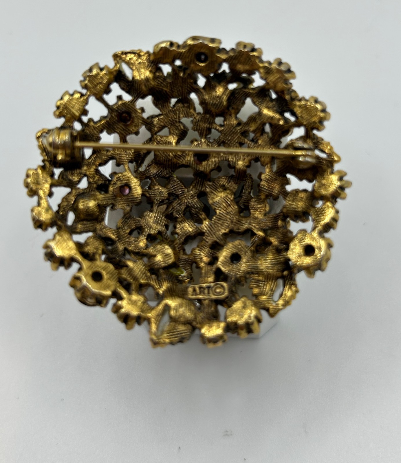 VINTAGE ARTHUR PEPPER ART BROOCH RHINESTONES ENAMEL PEARL BOUQUET GOLD TONE