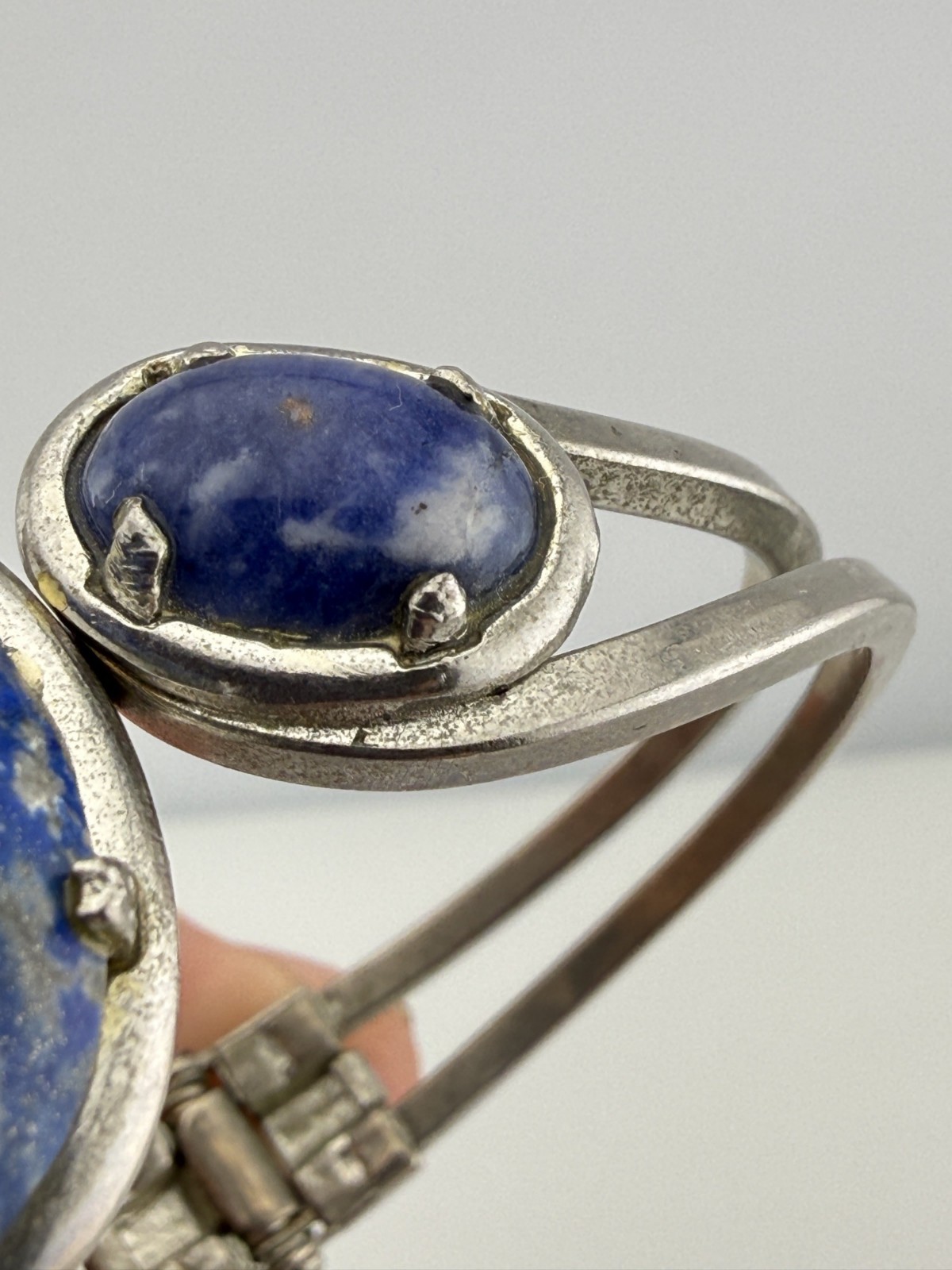 Vintage Cuff Bracelet Oval Blue Stone Cabochons Hinged Boho Classic