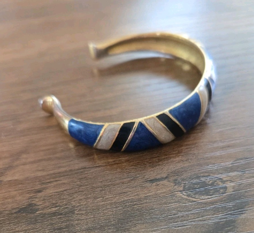 Vintage 1980s Orena Paris Cuff Bracelet Gold Tone W/Blue/Navy/Cream Enamel
