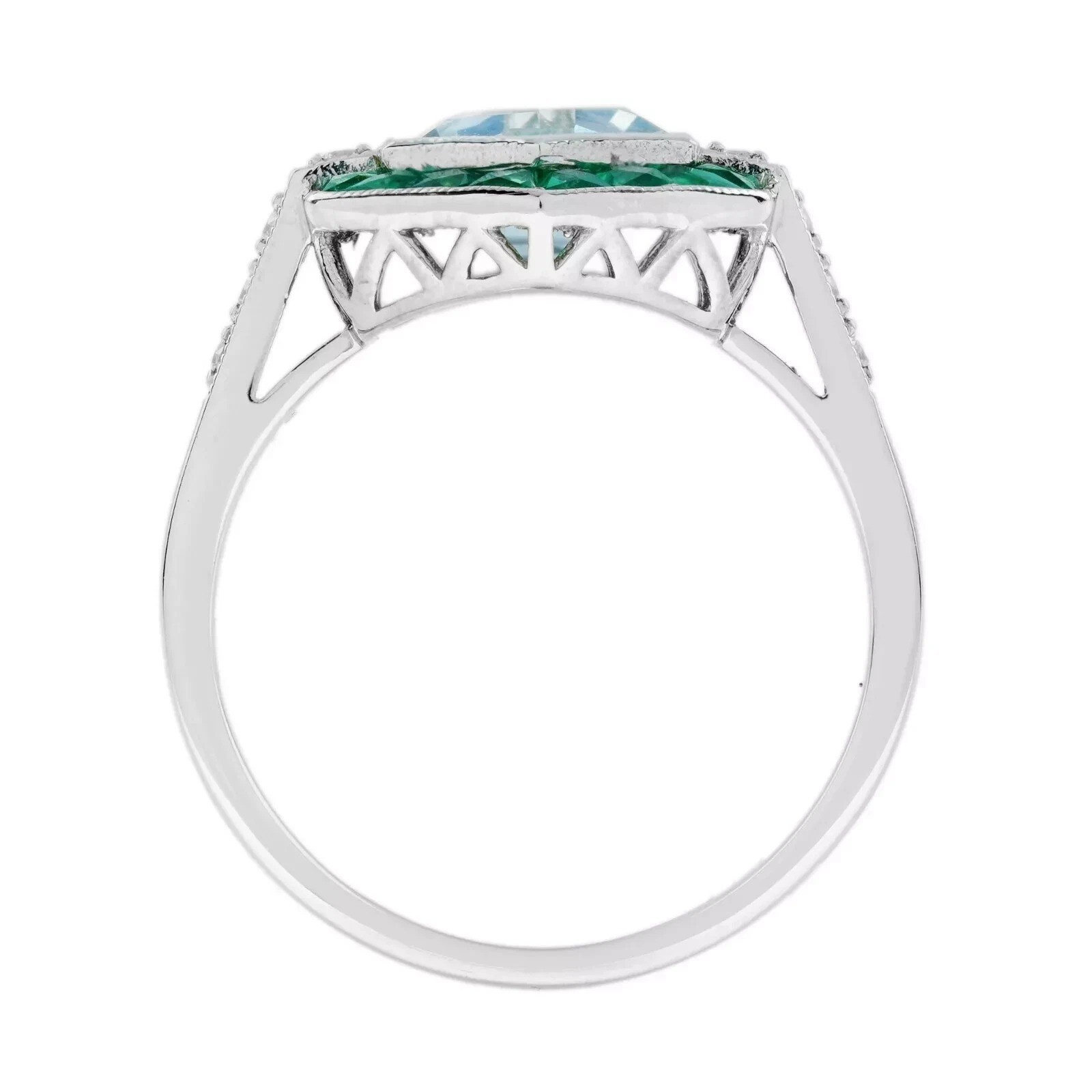 4Ct Art Deco Vintage Aquamarine & Emerald Hexagon 14K White Gold FN Wedding Ring