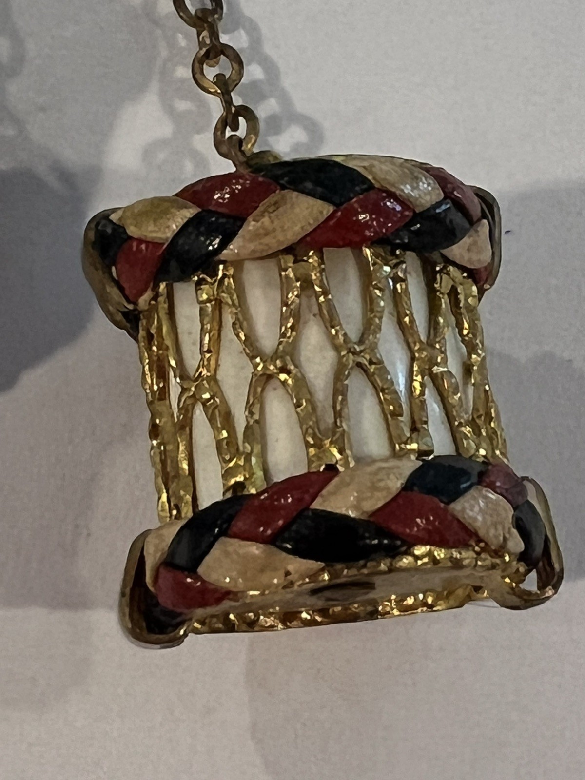 Vintage WW11 Drum & Bugle Sweetheart Pin Patriotic Red White Blue Leather Braid