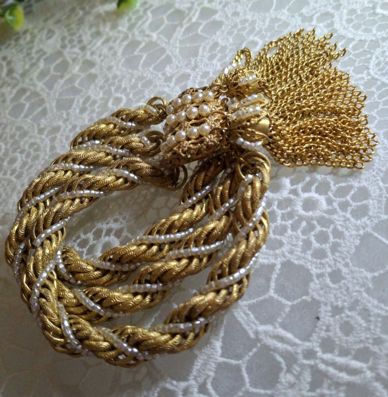 Frilly Miriam Haskell Russian Gold Chain & Seed Pearl Tassel Bracelet