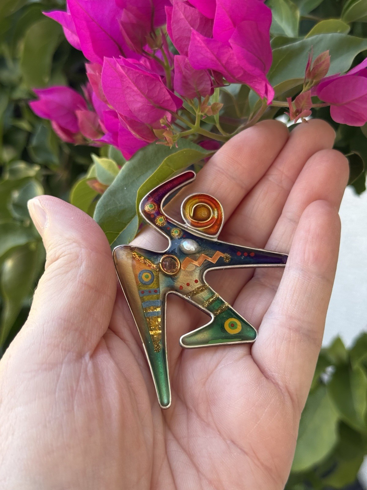 VINTAGE ISRAELI YOSSI STEINBURG MODERNIST ENAMEL CUBISM FIGURAL PERSON BROOCH