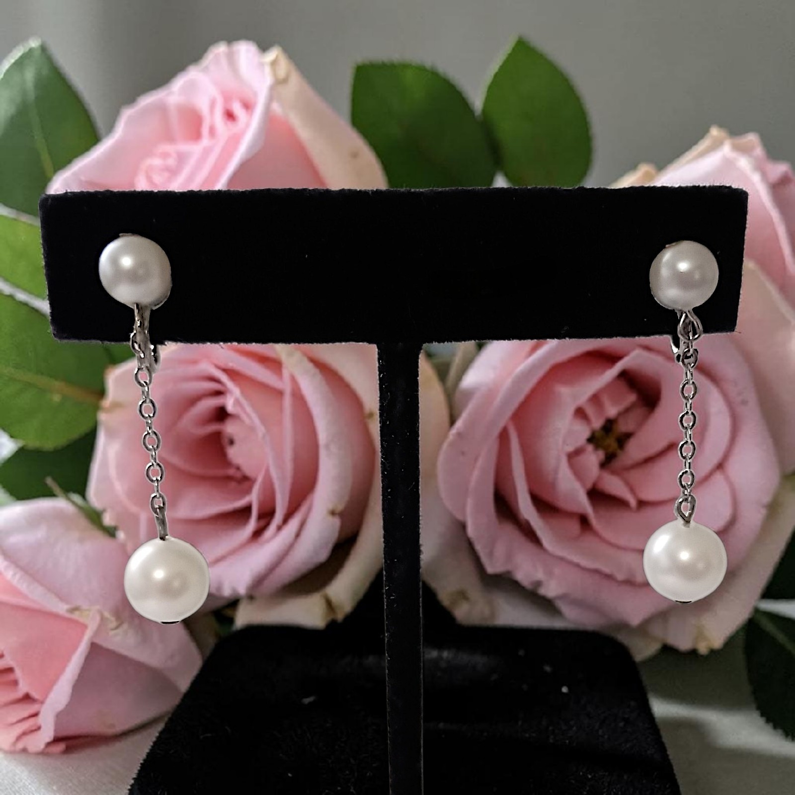 Vintage Faux Pearl Chain Dangle Earrings Dainty Delicate Silver Tone Elegant