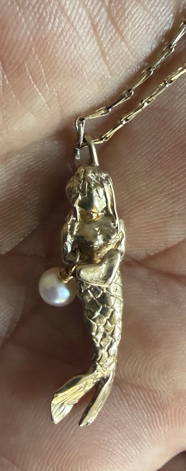 MERMAID with Pearl Gold Filled PENDANT on Gold Plate CHAIN Holding Heart