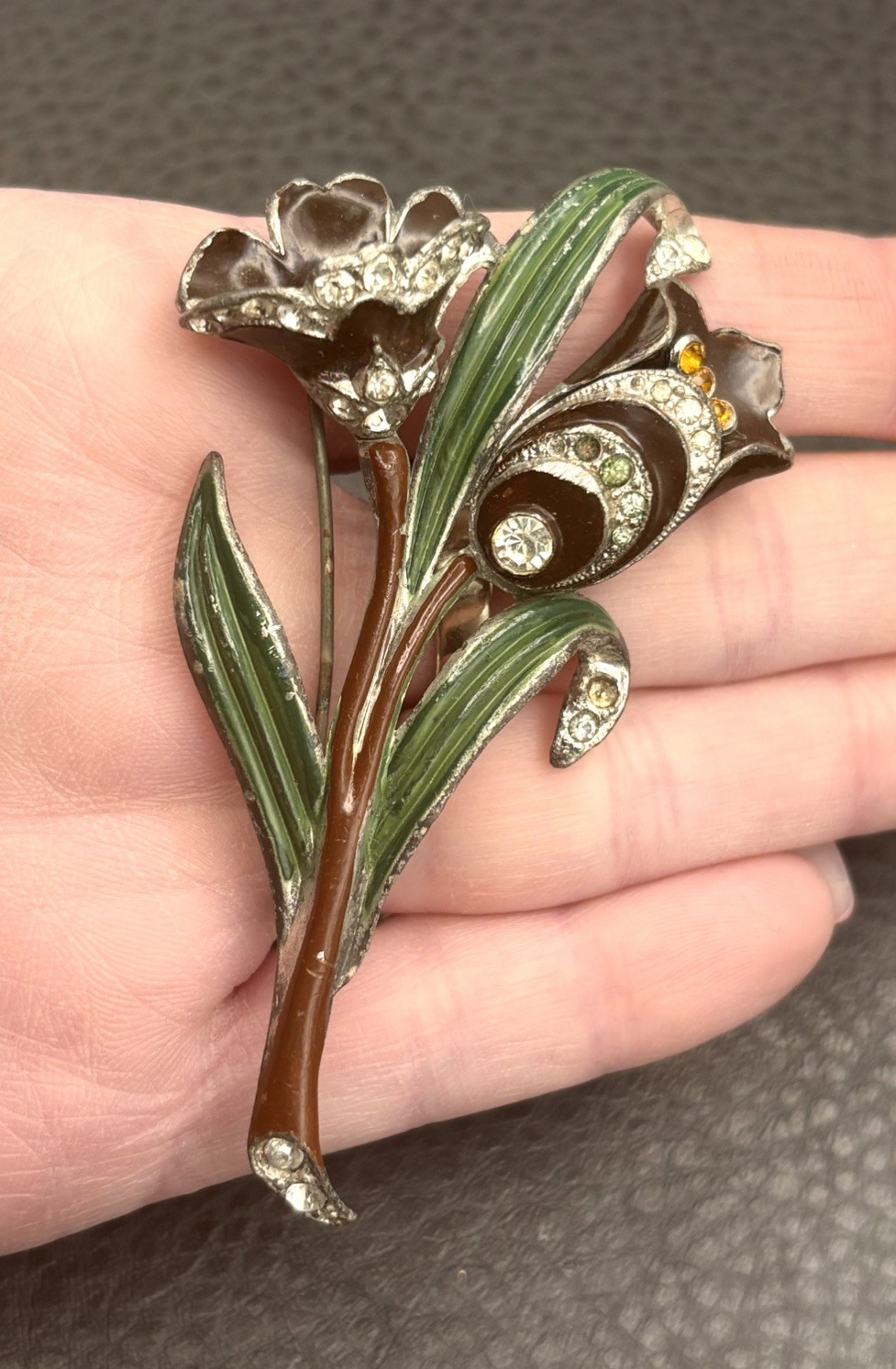 Large Figural Double Flower Brooch Enameled & Rhinestone Vintage Pot Metal