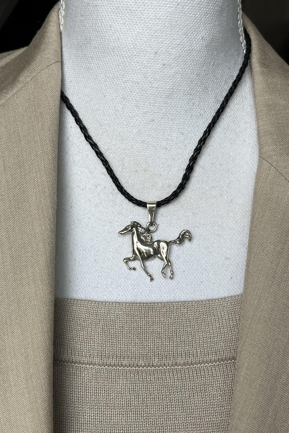 925 Signed Running Horse Pendant On black Leather Cord