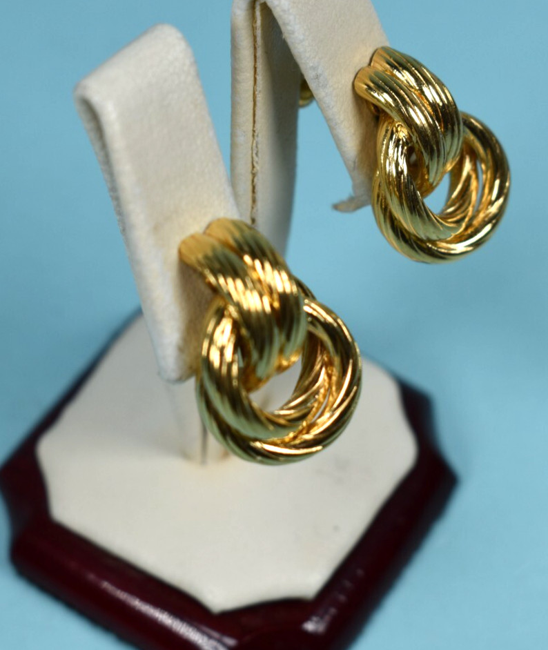 Vintage Napier Signed Gold Tone Double Knot Clip on Tension Screw Earrings .95″