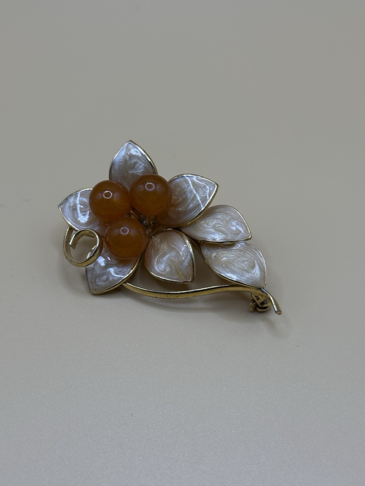 Gold Tone, Enamel And Acrylic Orange Berry/Flower Spray Brooch Pin