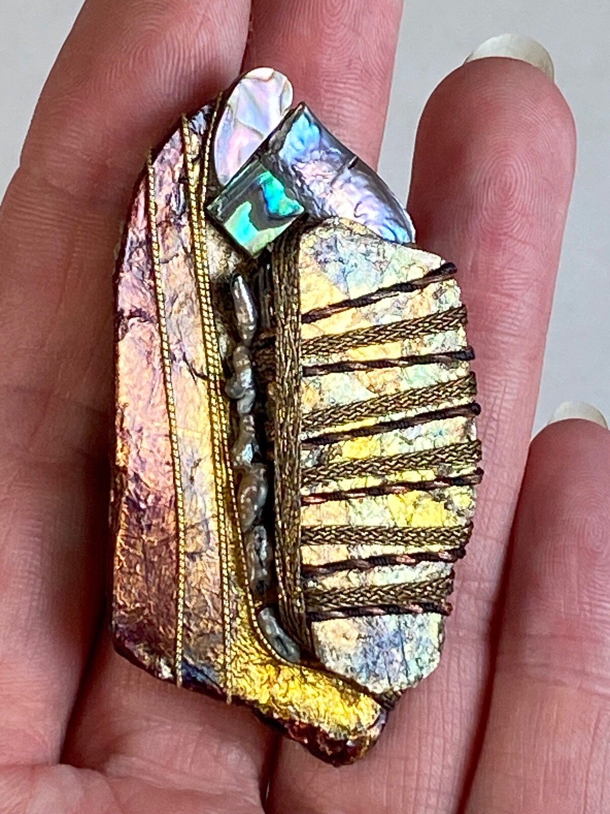 Vintage 1980’s-1990’s UNIQUE handmade found object subtle rainbow pin brooch