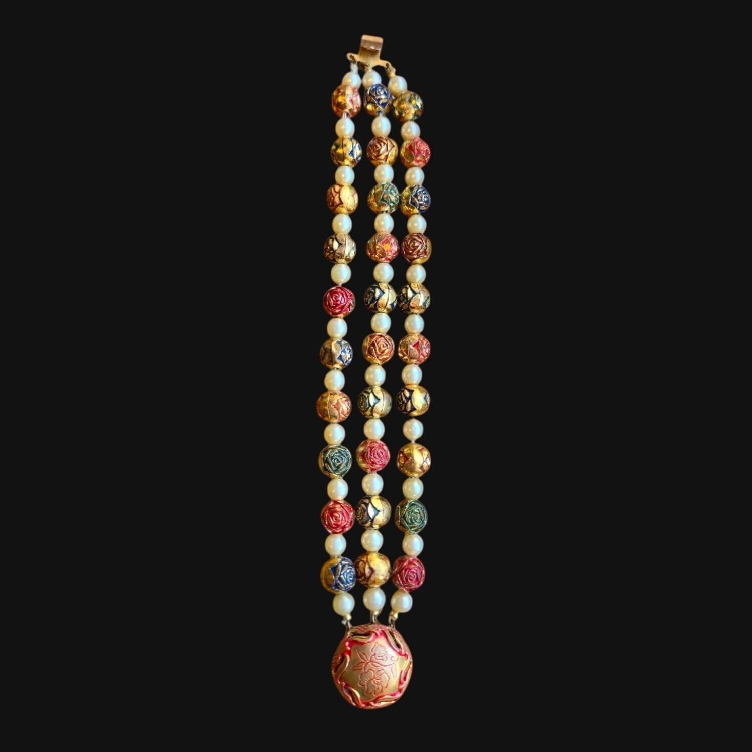 Vintage brass Beaded bracelet Gold Red & Green Metallic Accents & Faux Pearls