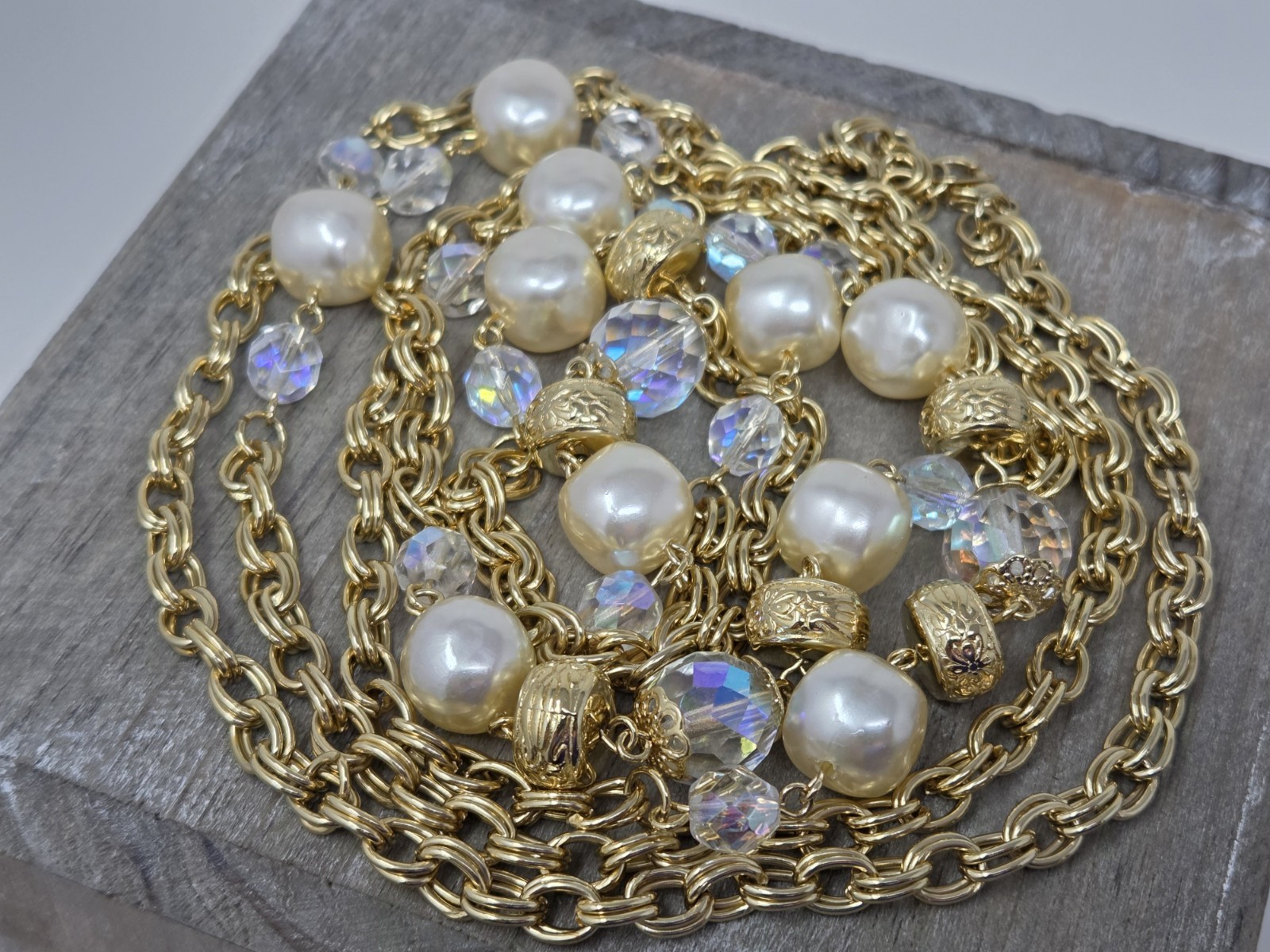 Gold Tone AB Crystal & Faux Pearl Chain Necklace 60 Inches Long Vintage