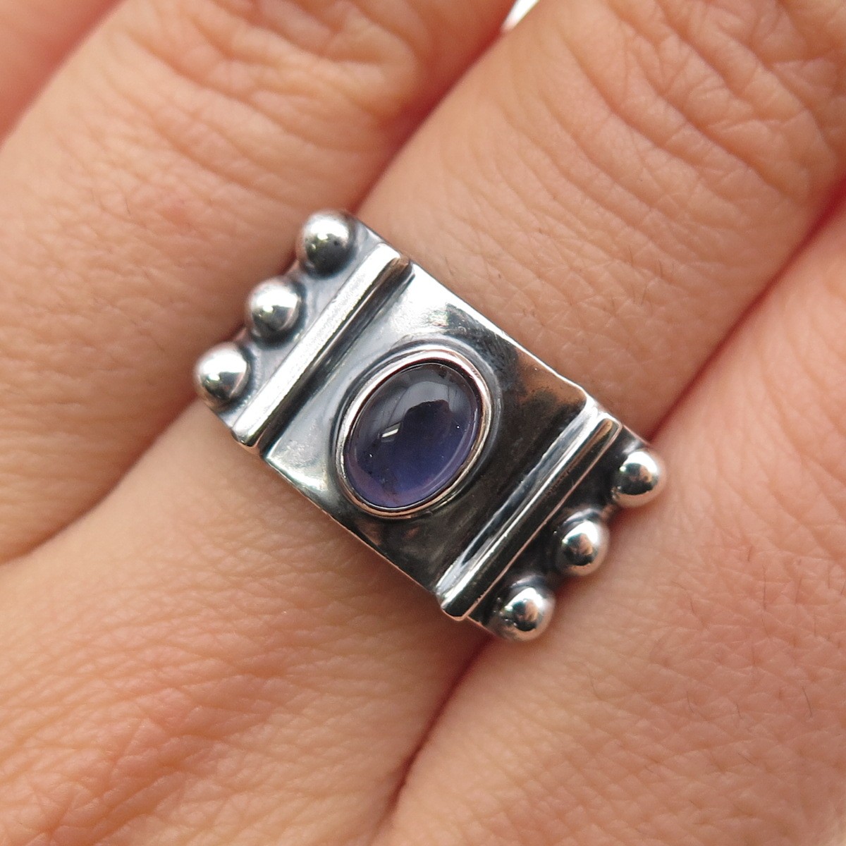 925 Sterling Silver Vintage Real Iolite Modernist Oxidized Ring Size 7.25