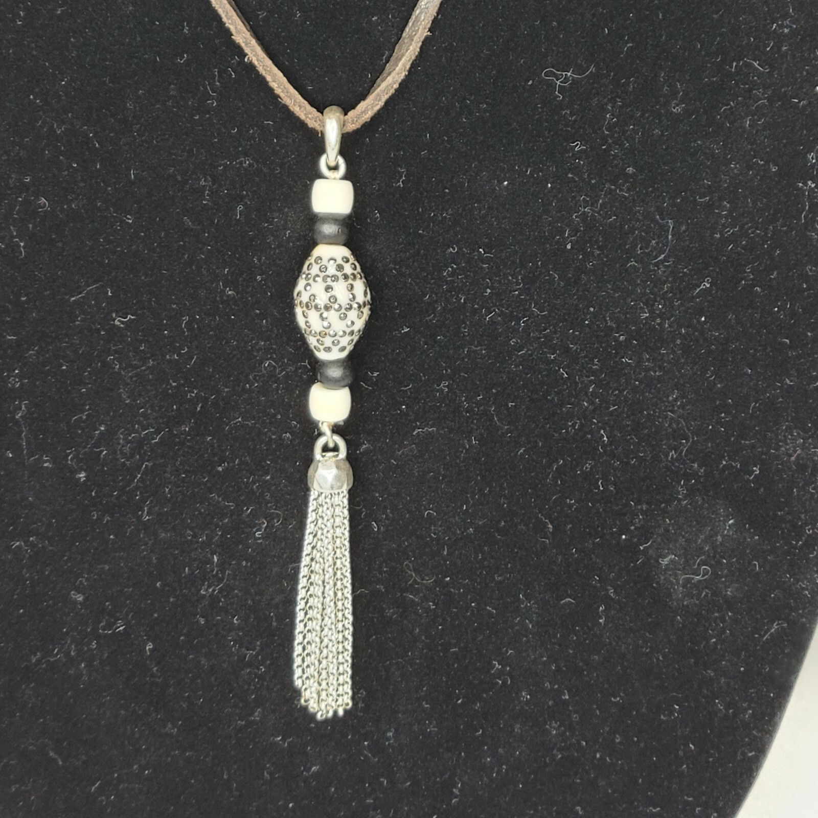 Leather Necklace Rhinestone Spotted Bead Tassel Chain Tassels