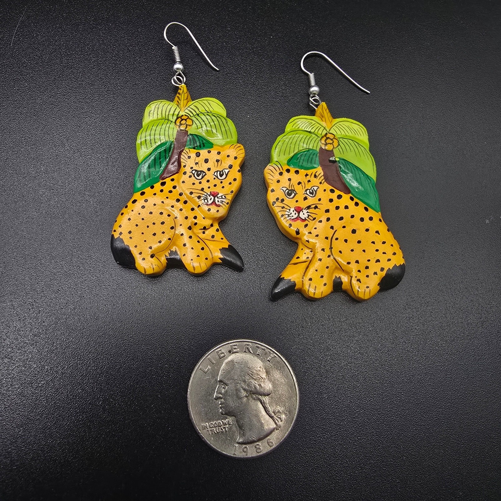 Hand Painted Wood Leopard Cheetah Earrings Safari Vintage 1980s