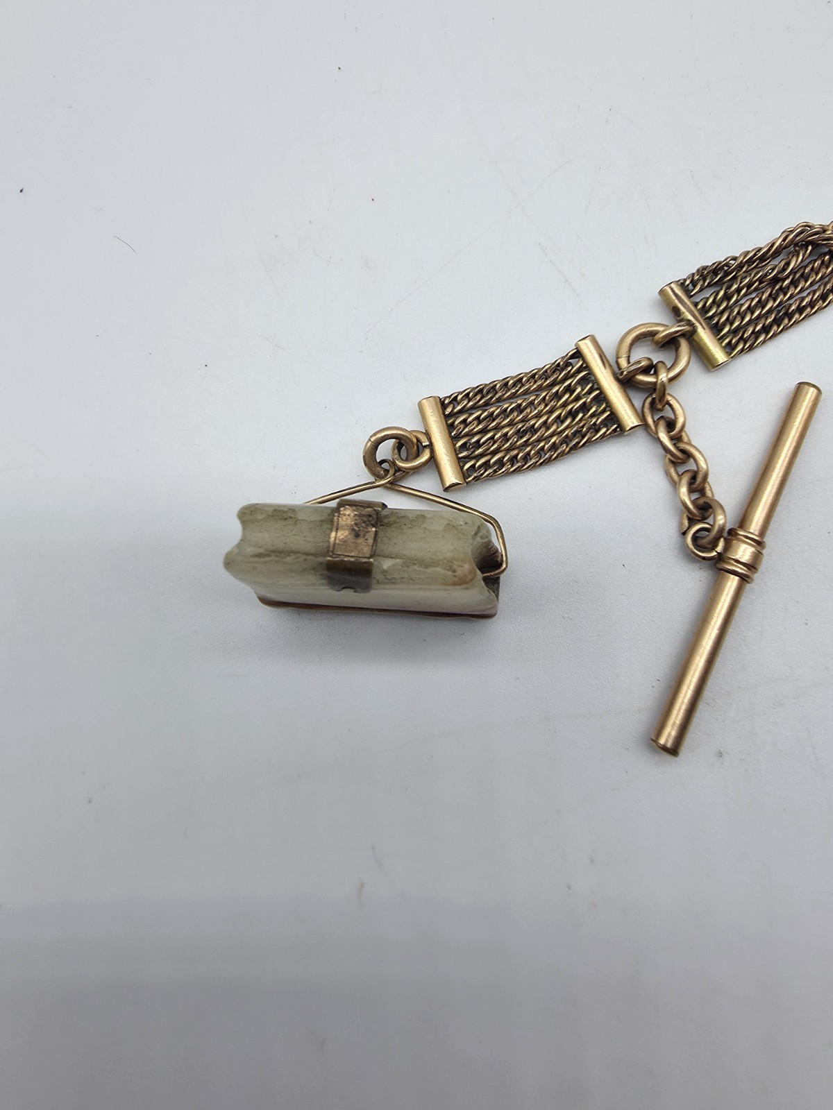 Antique Victorian Gold Filled 4 Strand Mesh Watch Fob Chain Slide Carved Agate
