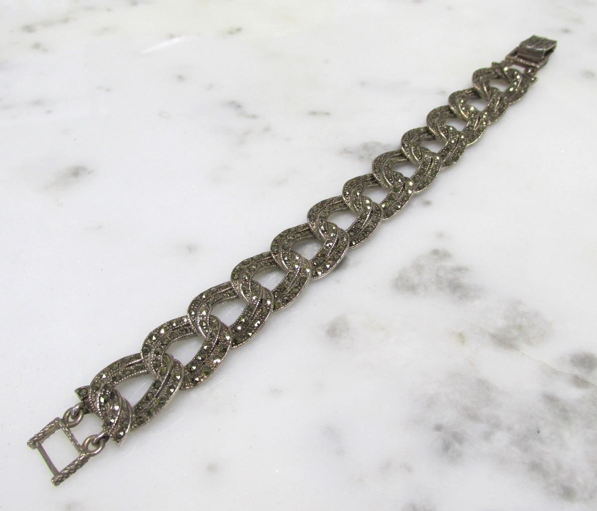 Vintage Sterling Silver Marcasite Curb Link Bracelet ~ 7-1/4″ ~ 29.5g ~ 5-D549