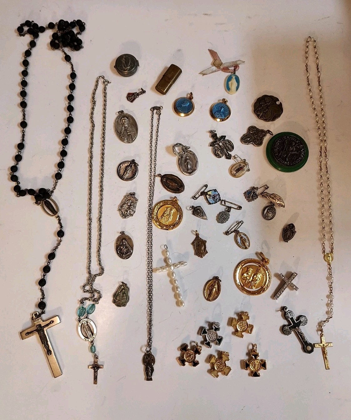 Huge Religious Lot Cross Rosary Beads Small Silver Pin Charms Mixed Lot 40 Pcs.