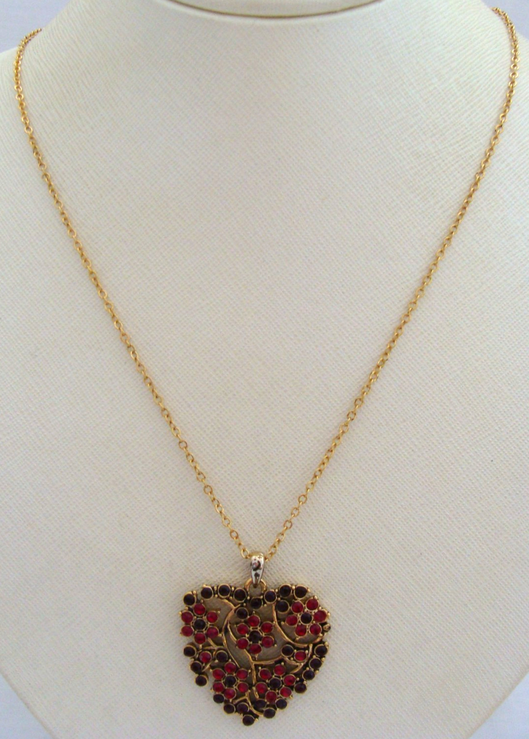 Gold-Tone Victorian Trading Co. Necklace With Red & Black Stone Heart Pendant