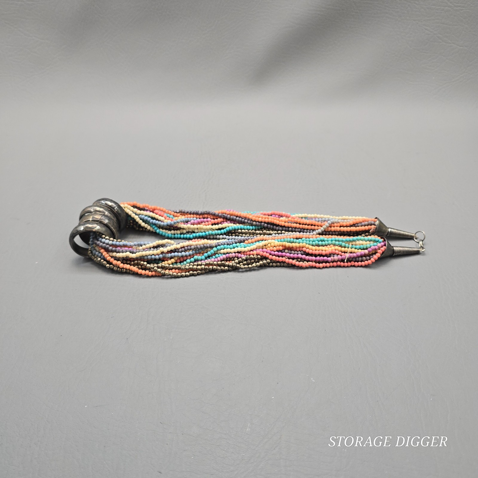 Vintage 19 Strand Multicolor Glass Beaded with Big Metal Rings Necklace 24″ Long
