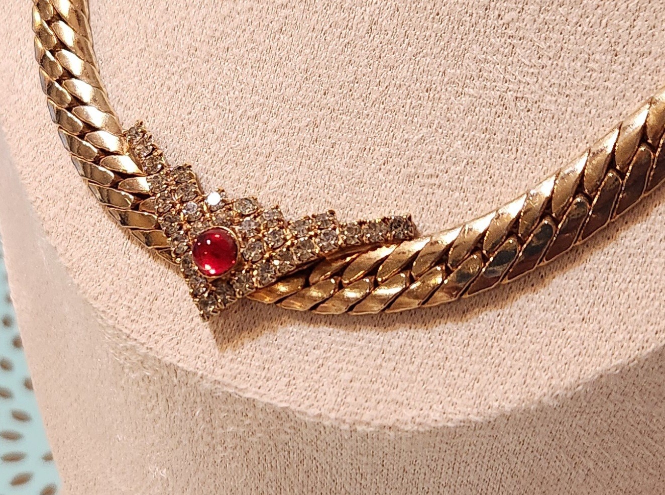 Flat Gold-toned Necklace V Shape Rhinestones Station Pendant & A Red Dot Glass
