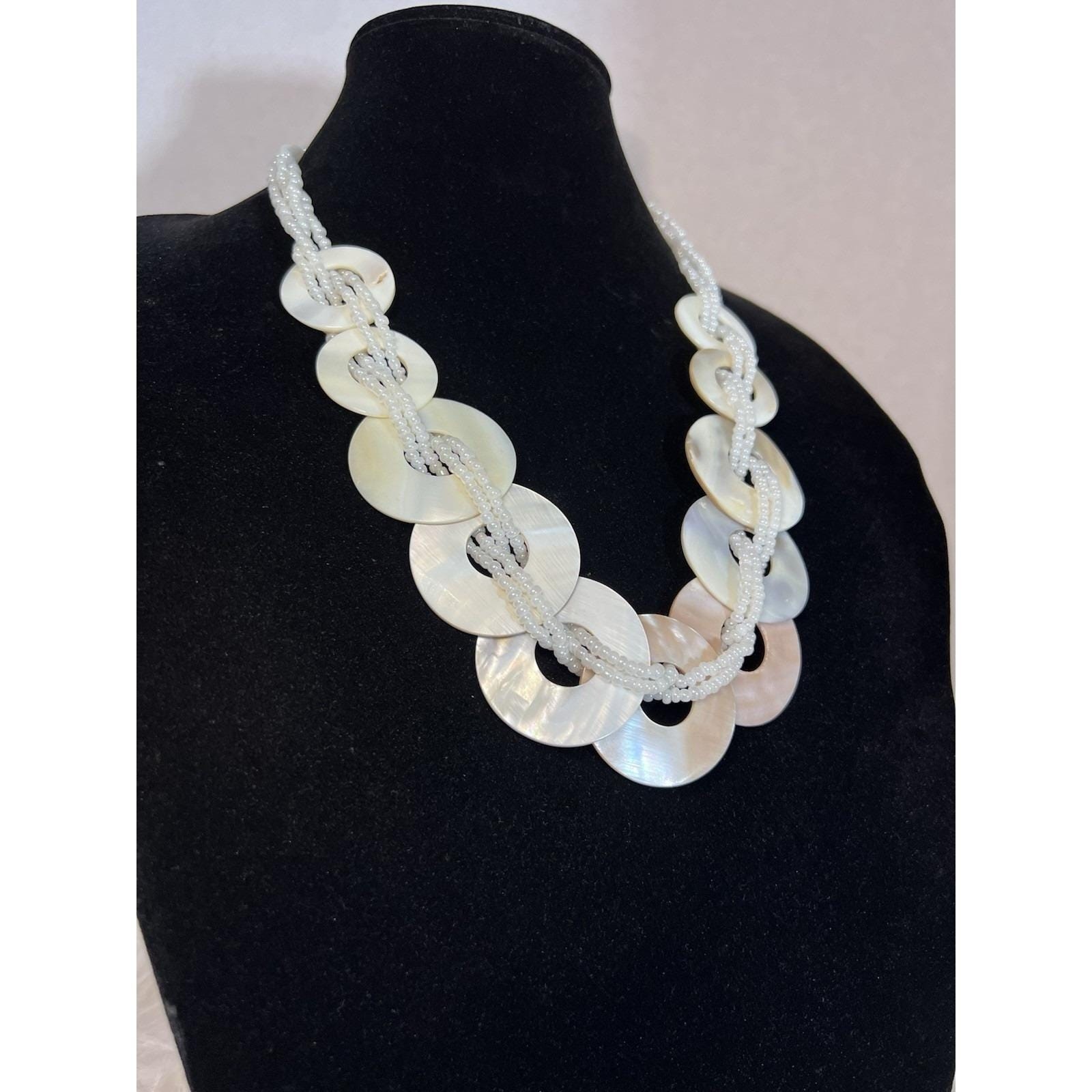 VTG Multi-strand Necklace Mother of pearl shell discs woven Statement necklace