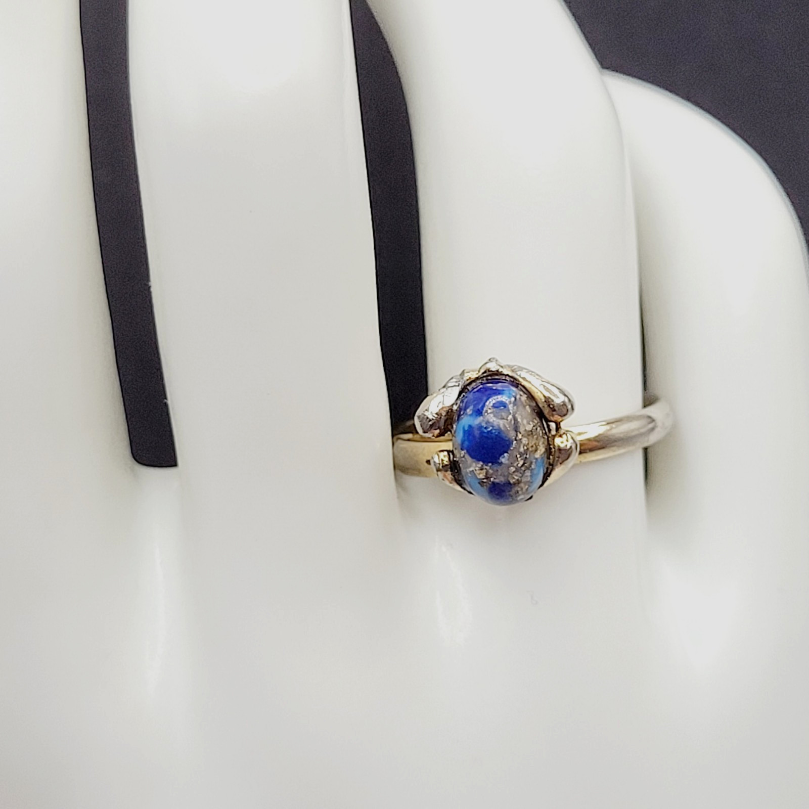 Antique Lapis Lazuli Small Domed Stone w Specks Ring Adjustable Worn Distressed