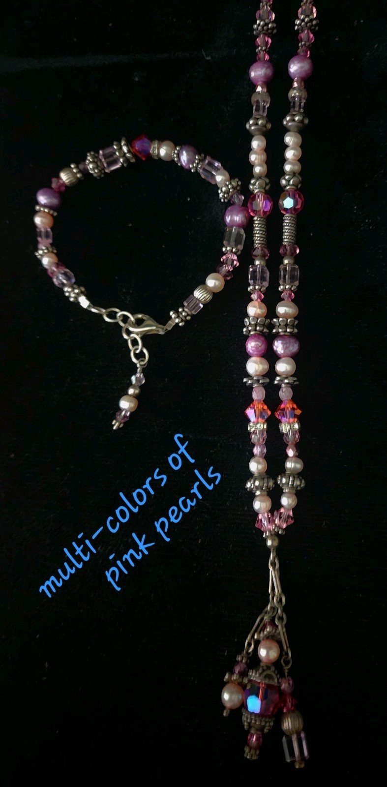925 STERLING Necklace&Bracelet Multicolor PEARLS & Made With Swarovski CRYSTALS