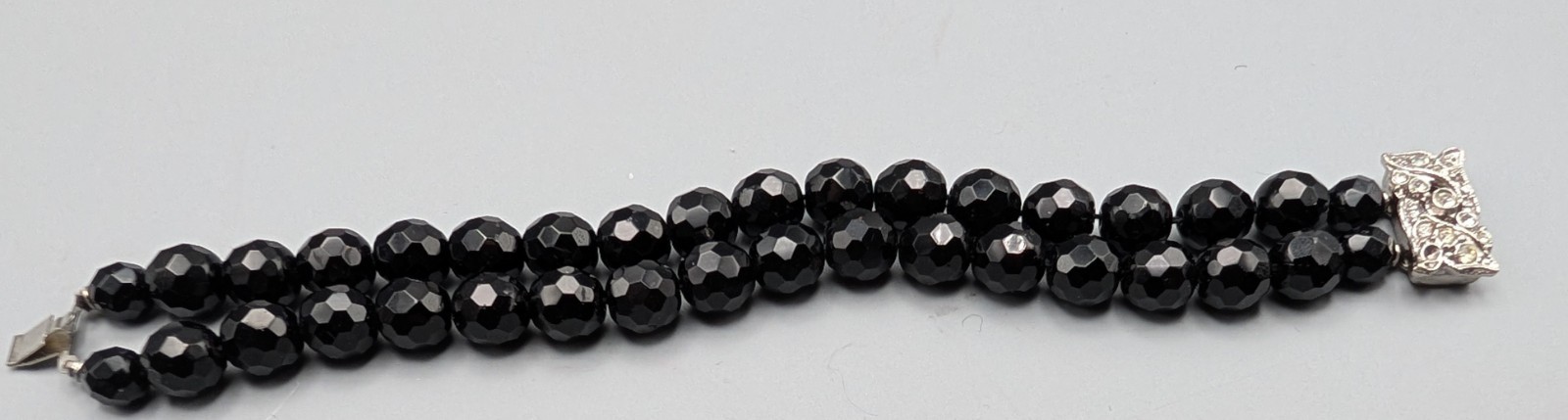 Vintage Black Glass Faceted 3 Strand Bracelet Rhinestone Box Clasp Stunning