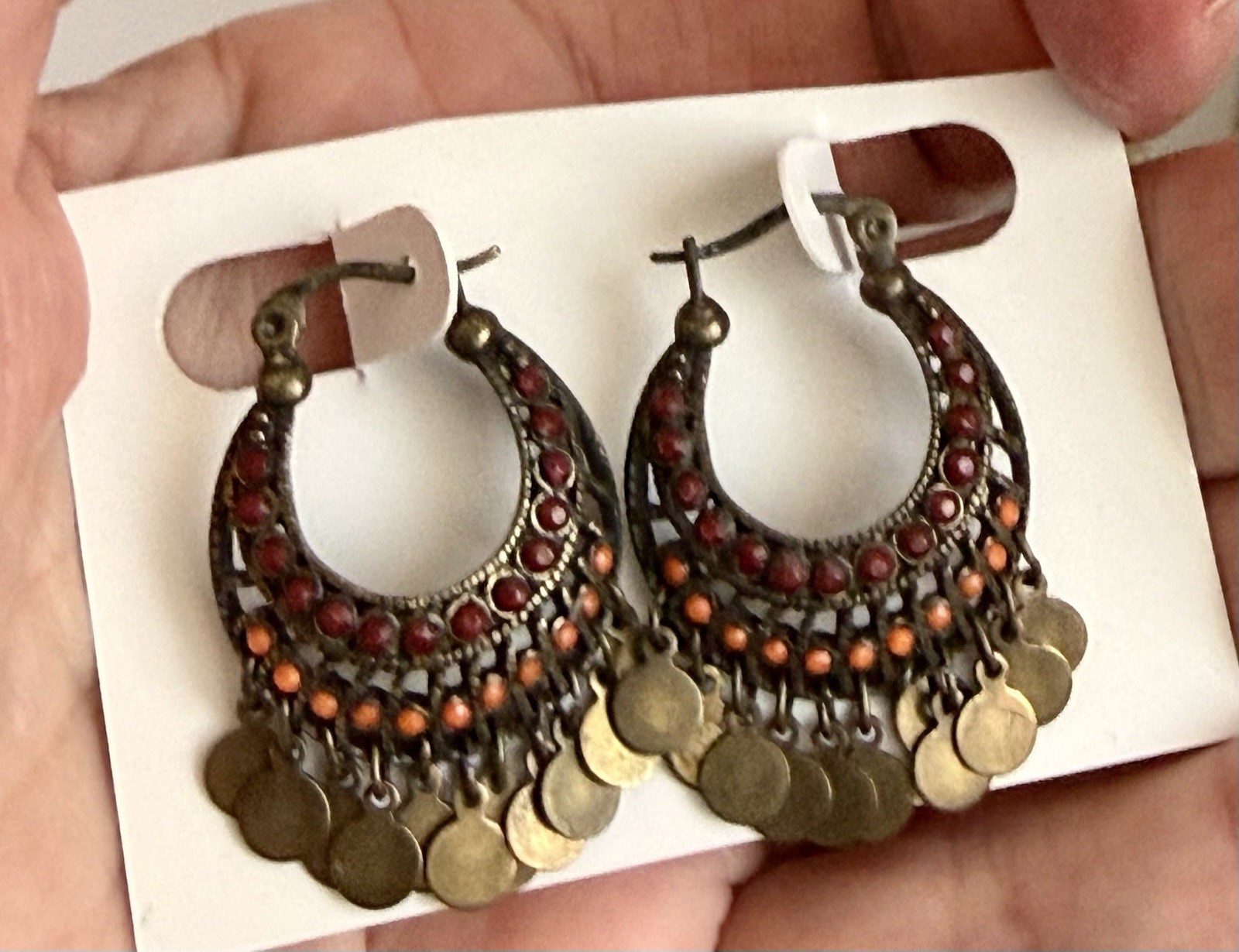 Vintage Gypsy Boho Bronze Hoop Dangle Hanging Pierced Earrings Red Orange Stones
