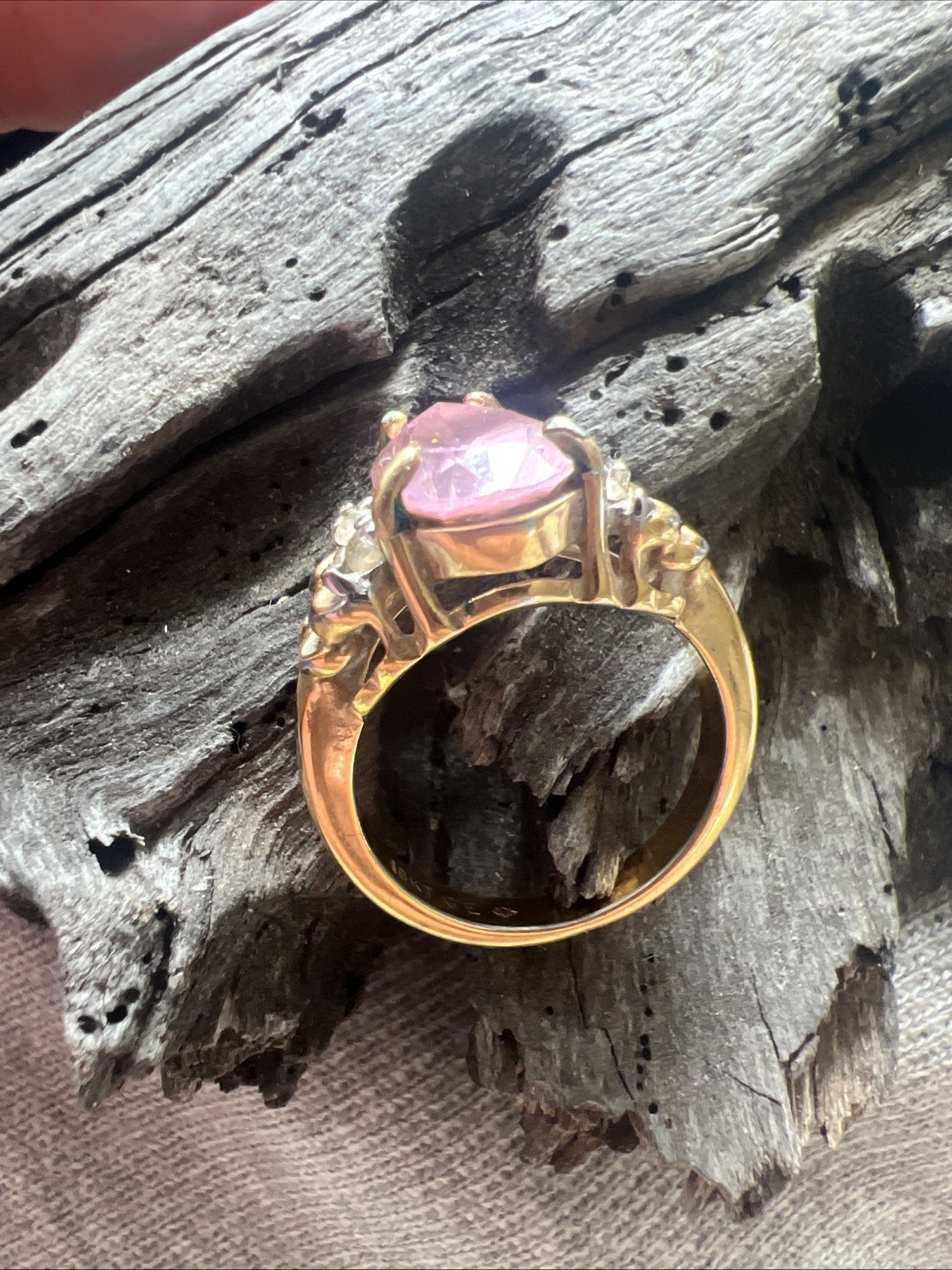 Vintage Stamped Ring-18KT GE Rhinestones With Pink Stone Size 7 3/4