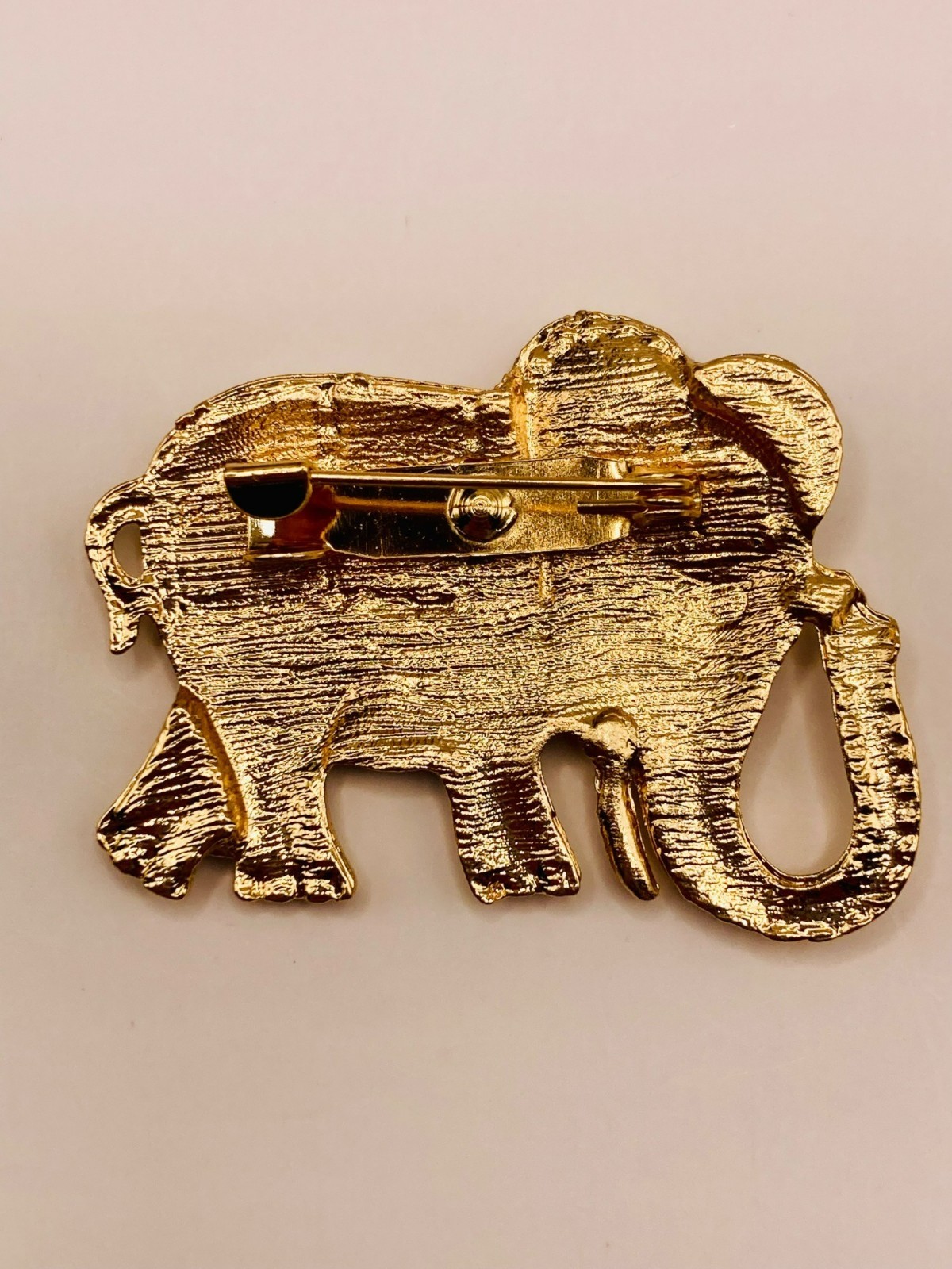 Gold-Tone Elephant Brooch Pin Rhinestones & White Enamel Finish -13B