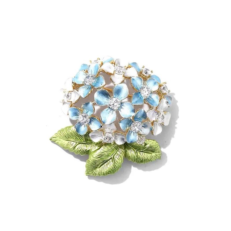 Elegant Women Rhinestone & Enamel Blue Powder Hydrangea Brooch W/Box