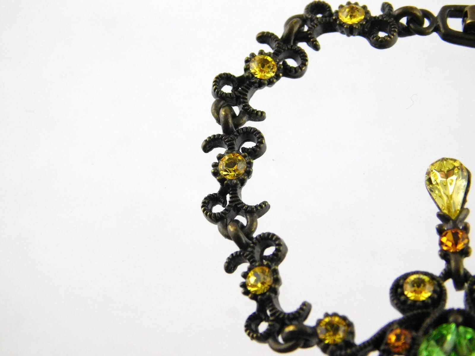 Vintage Bronze Tone and Rhinestone Bracelet Snap Clasp Floral Design Unbranded