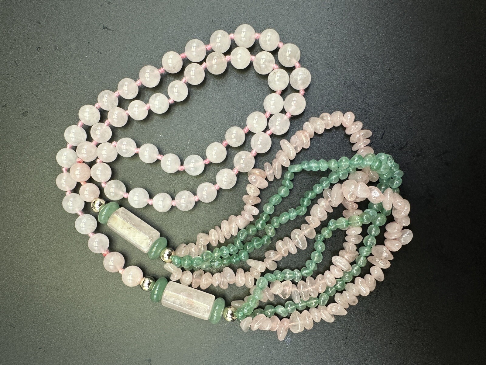 Vintage Chinese Export Multistrand Pink Rose Quartz Green Jade Necklace Stunning