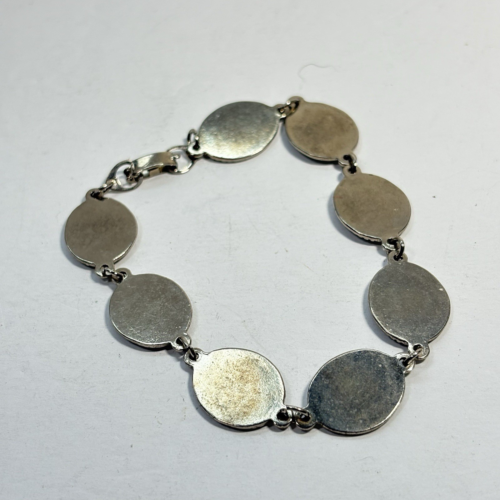 Vintage Silver Tone Abalone Link Bracelet Paua Shell Oval 8″