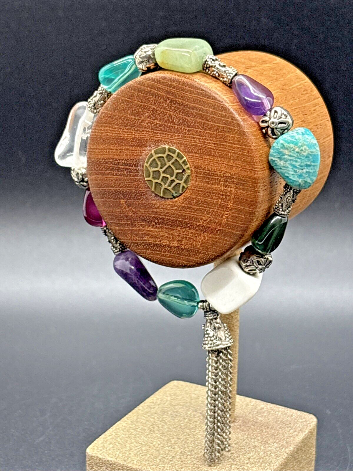 Vintage Purple, Green & White Silver Beaded Bracelet with Silver Chain Tassel