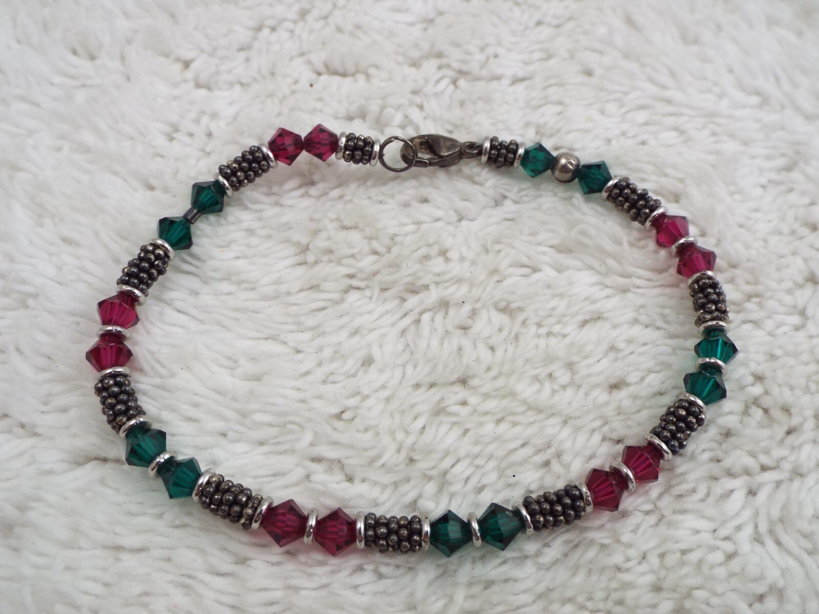 Silvertone Fuchsia-Red Green Crystal Bead Sterling Silver Clasp Bracelet