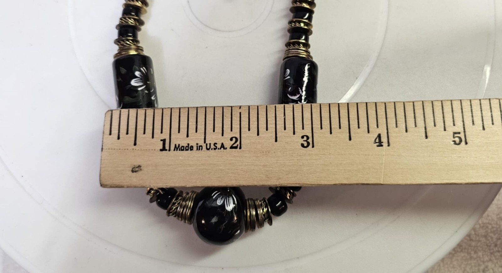 vtg Thick Necklace w/ Metal & Black Glass Beads w flowers 23.5in-Heavy 123g- S88