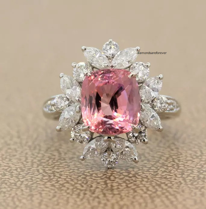 Featuring a Rare 4.84CT Pink Padparascha Sapphire & White CZ Cluster Fine Ring