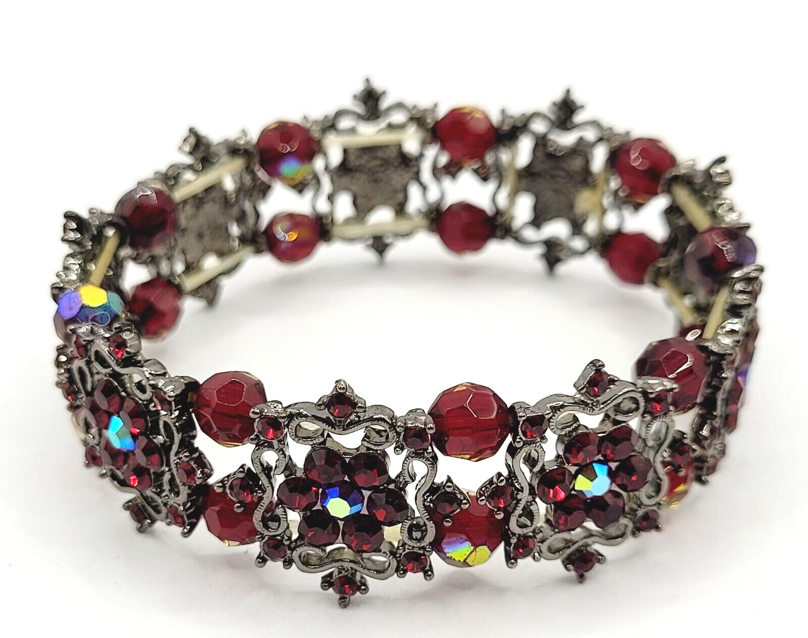 Red AB Crystal Sparkle Flower Floral Metal Ornate Fancy Event Stretch Bracelet