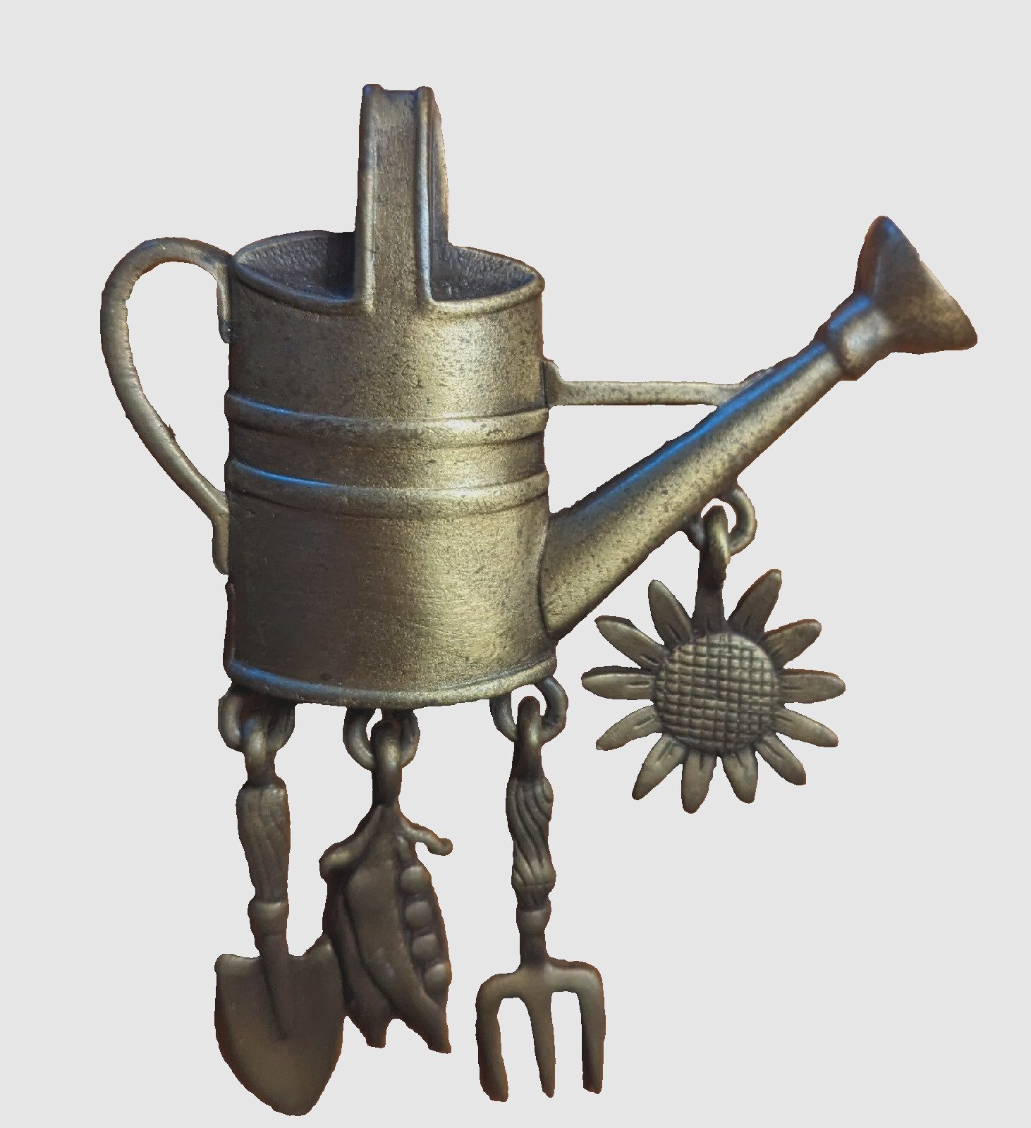 Vintage JJ Watering Can Gardening Gold Bronze Tone Brooch, Pin Sunflower Tools