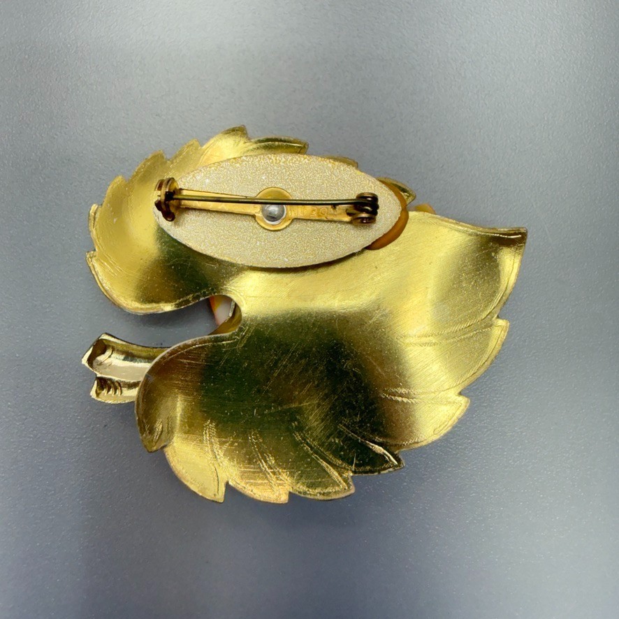 Vintage Enamel Leaf Flower Brooch Gold Tone Cream Orange Yellow Spring Summer