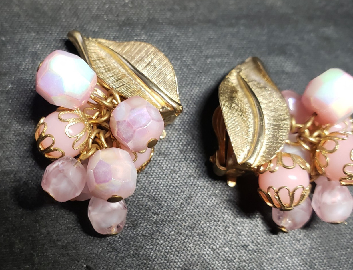 La Roco Pink Bead Rhinestone Necklace Earrings Jewelry Set Mid Century Modern