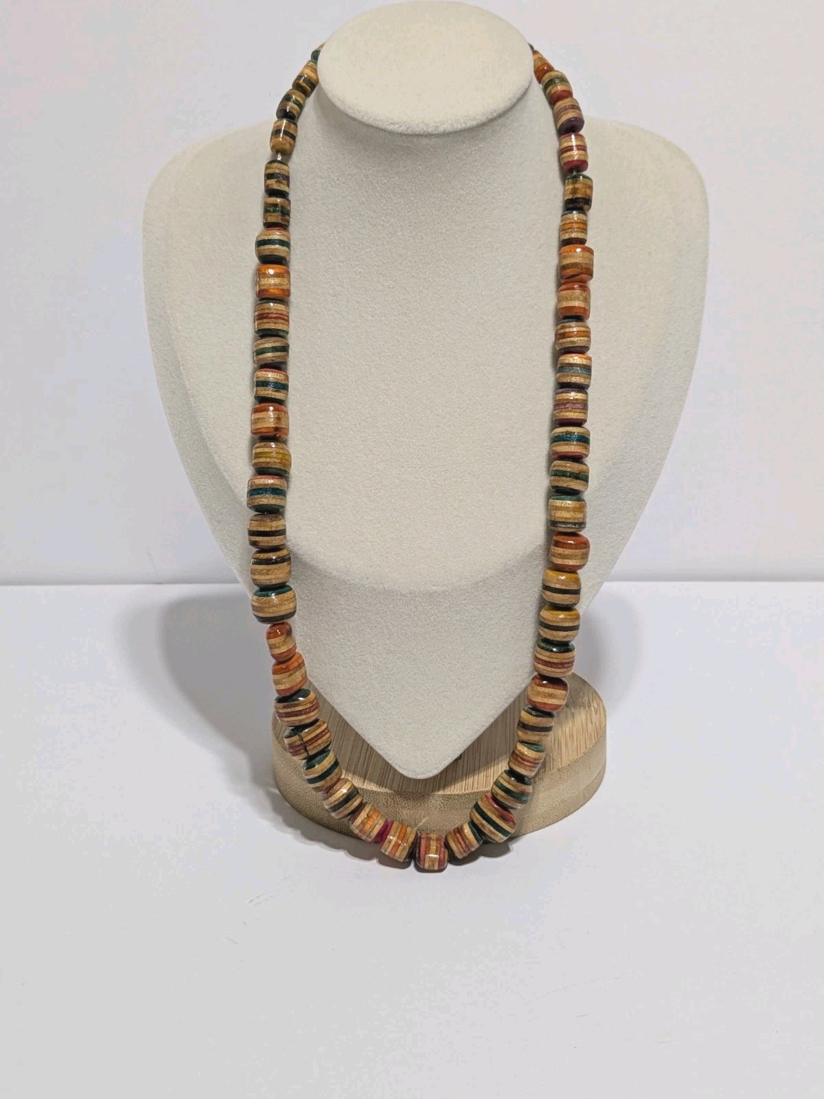 Vintage Multicolor Wood Bead Handmade Necklace. Silver Tone End Caps. 21″ BOHO