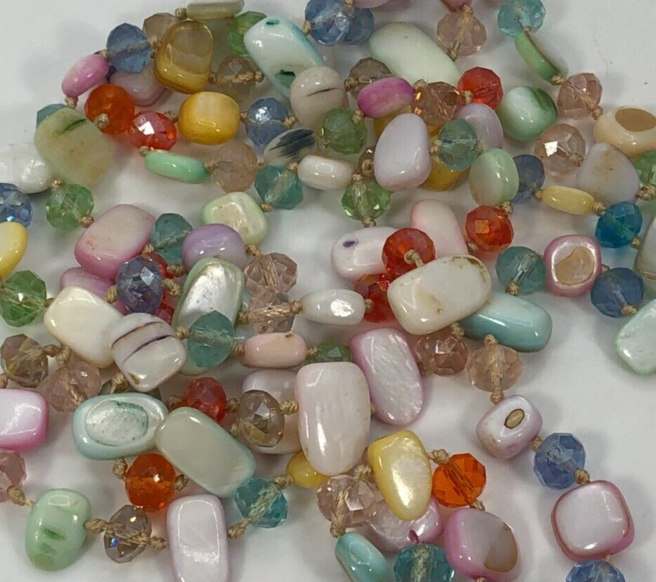 VTG Pastel Colored Shell & Faceted Bead Extra Long Necklace Spring EasterJewelry