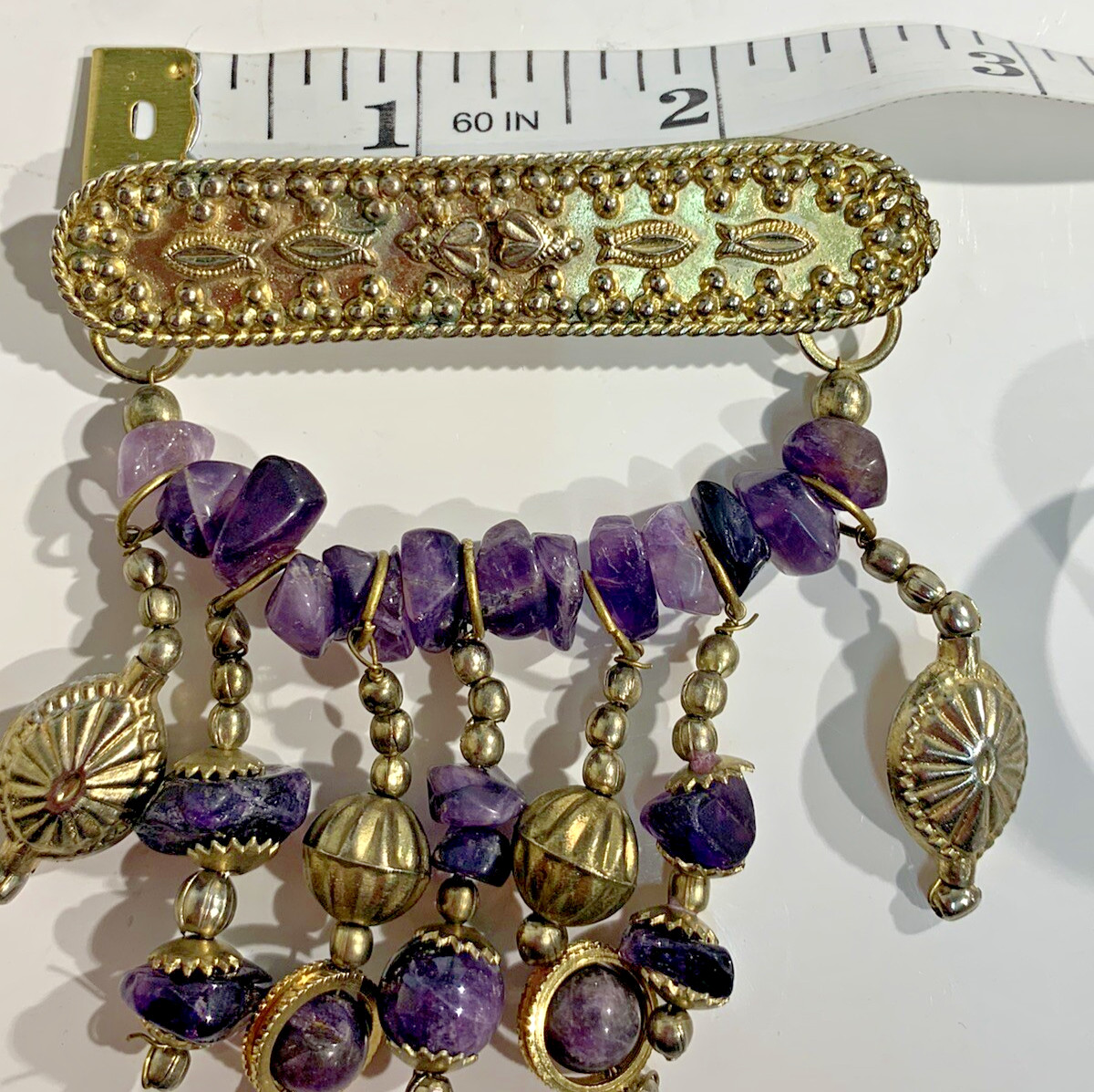Estate Vintage Amethyst Rocks & Dangle Brass Beads Bar Brooch Pin 2.5″ x 3″